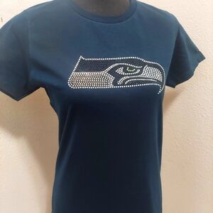 Women's Seahawks Navy Blue Rhinestone Embellished T-Shirt